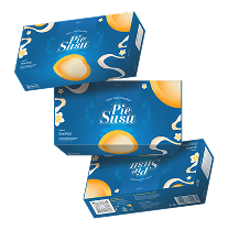 Three blue boxes of pie snacks stacked together, each featuring an orange pie illustration and white branding.