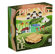 Colorful game or puzzle box with a pastoral landscape illustration: hills, houses, trees, a waterfall, and a large pie in the foreground; the word SALE appears on the box.