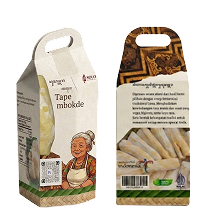 Two cardboard snack boxes with handles; left box shows a cartoon woman and Indonesian text, right box shows breadsticks and nutrition text.