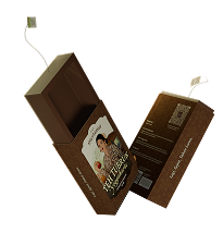 Two brown chocolate bars, one open to reveal squares, with a label showing a man and a child on the front