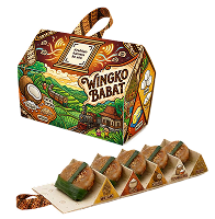 Wingko Babat box with colorful packaging and a row of triangular coconut cakes on a white platter.