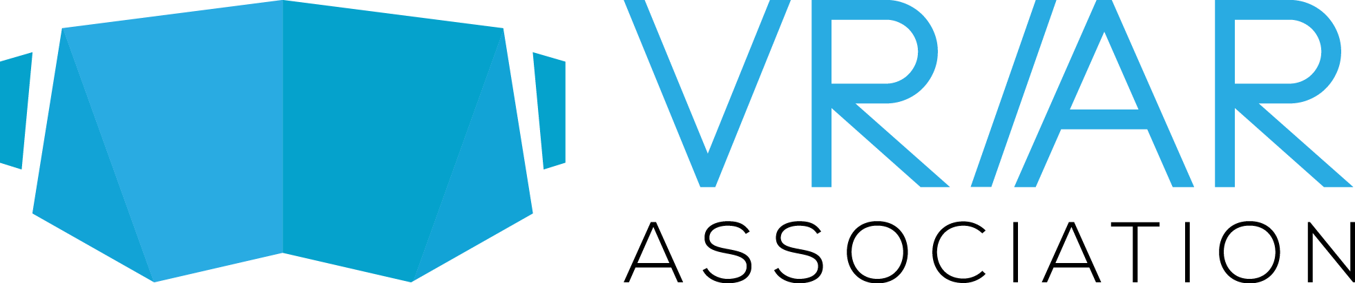 Blue geometric logo featuring a folded cube shape to the left and the text 'VR/AR' in blue to the right.