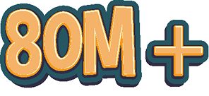 Milestone badge reading 80M+ in orange with a blue outline, indicating a large figure or achievement