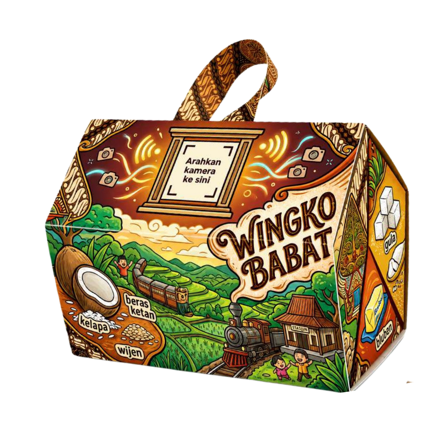 Colorful Wingko Babat packaging with a tropical landscape and a train illustration on the side panel.