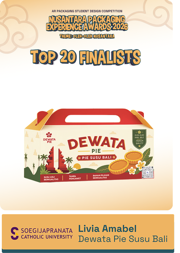 Banner: 'Top 20 Finalists' for Nusantara Packaging Experience Awards 2026 with a Dewata Pie box below it on a light gradient background.