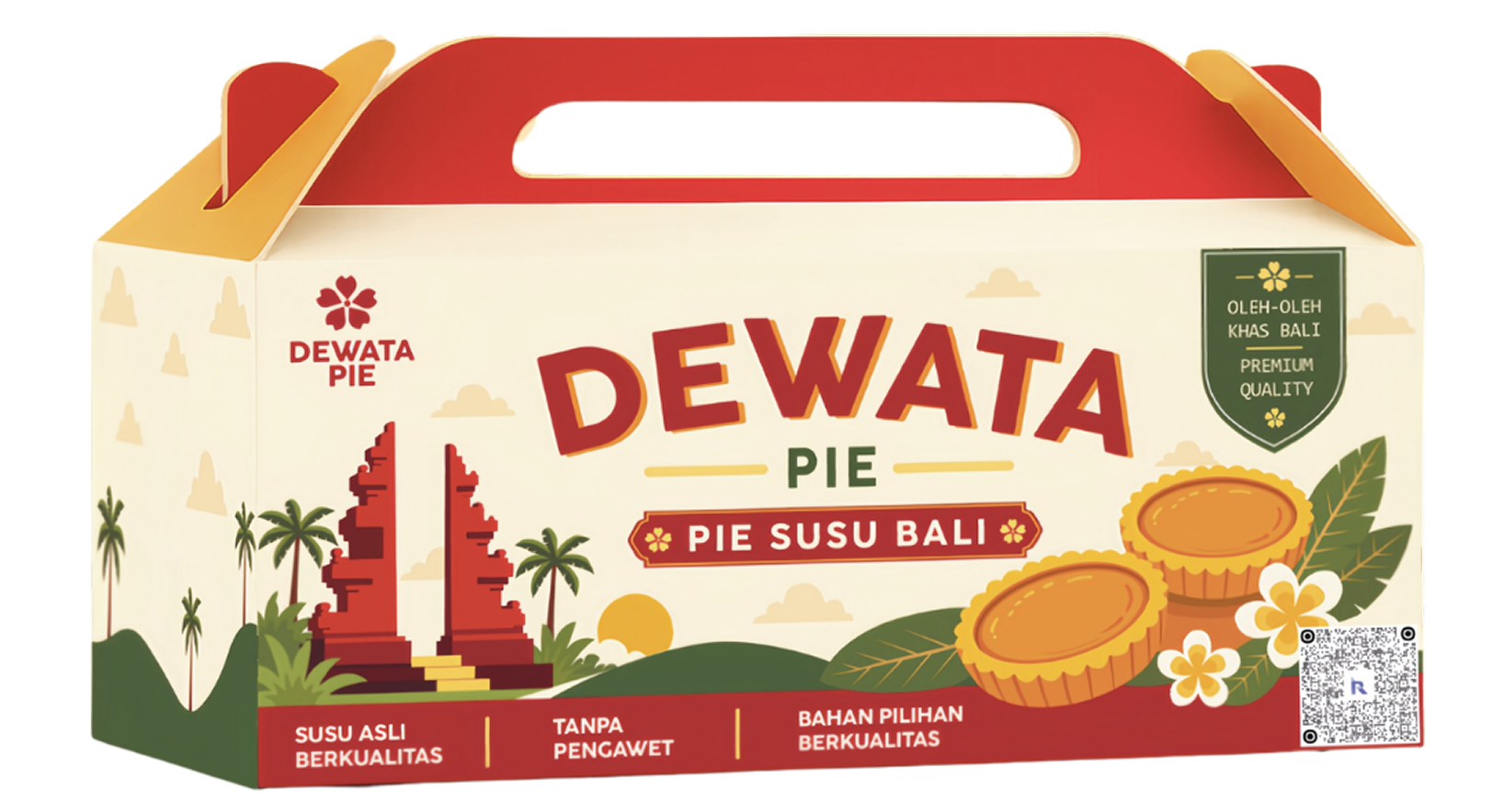 Dewata Pie Bali packaging: cream box with bold red “DEWATA PIE” and “PIE SUSU BALI” text, red handle on top, Bali-inspired artwork and pastries.