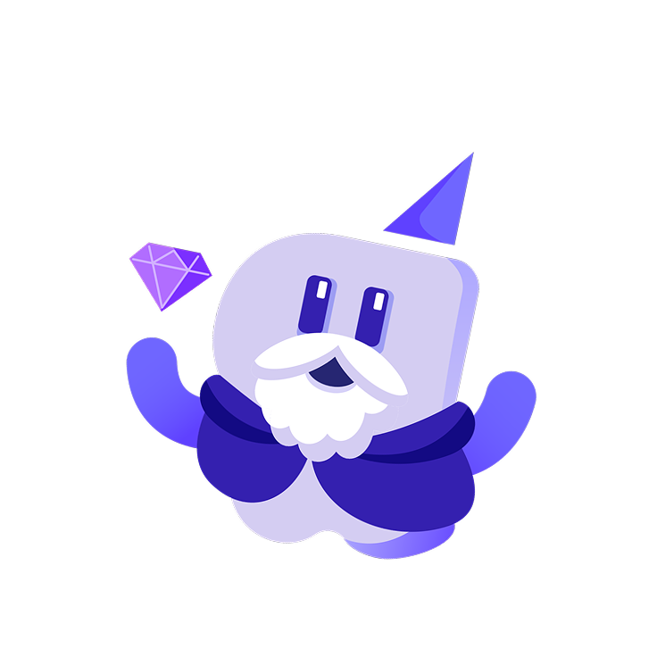 Cartoon purple robot wizard with a white beard and cape, waving with a purple gem floating nearby.