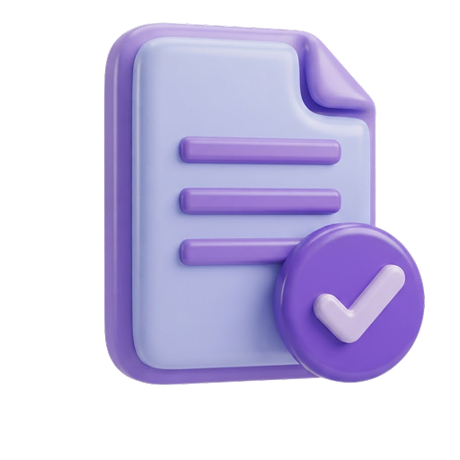 Approved document icon: a purple and blue sheet with a checkmark badge indicating verification or approval