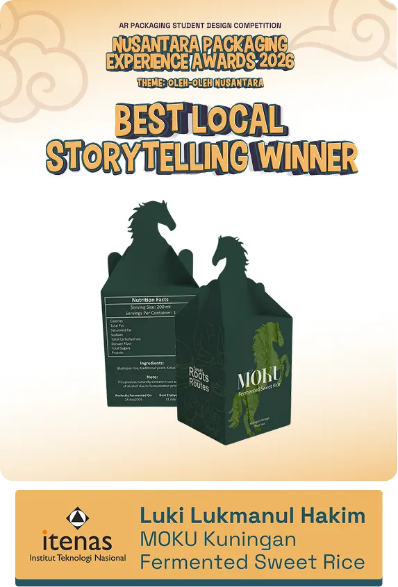 Award poster for Nusantara Packaging Experience Awards 2026: Best Local Storytelling Winner, featuring two dark-green horse-themed packaging boxes on a warm gradient background.