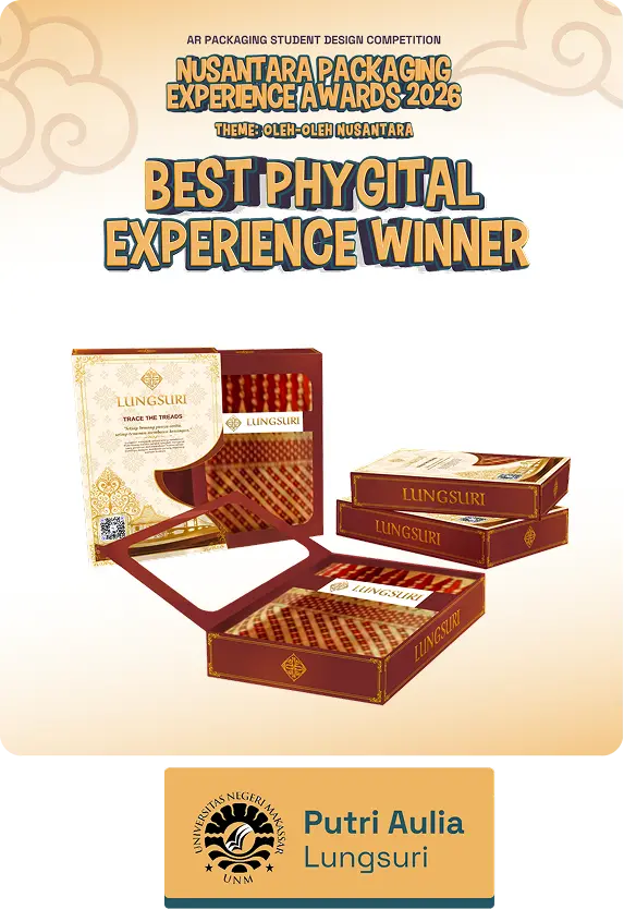 “Best Physical Experience Winner” award poster with open red-and-gold Lungsuri packaging boxes and a Putri Aulia Lungsuri name plate below