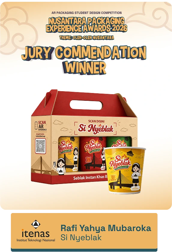 Award poster announcing 'Jury Commendation Winner' for Nusantara Packaging Experience Awards 2026, featuring Si Nyeblak boxed set and cup.