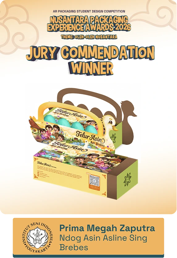 Jury commendation winner banner for Nusantara Packaging Experience Awards 2026 with colorful Telur Asin egg packaging artwork.