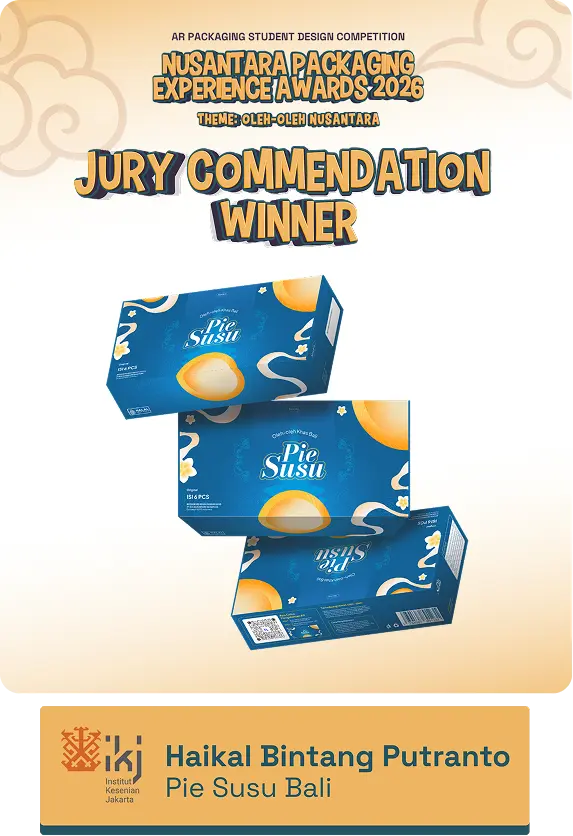 Award banner announcing Jury Commendation Winner at Nusantara Packaging Experience Awards 2026, with floating blue Pie Susu Bali boxes.
