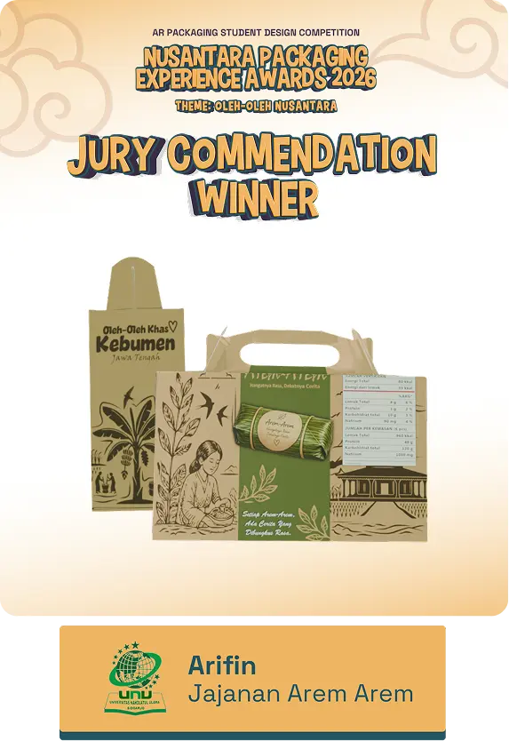Poster announcing Jury Commendation Winner at the Nusantara Packaging Experience Awards 2026, with illustrated cardboard packaging designs