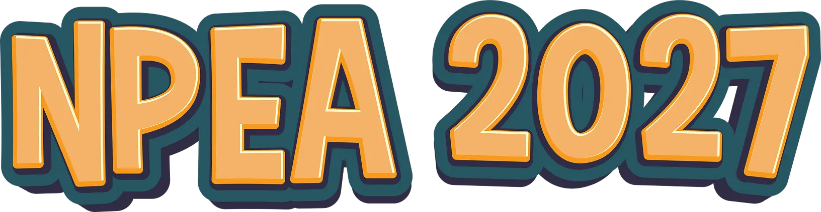 NPEA 2021 logo in bold orange lettering with teal drop shadow, stylized for branding