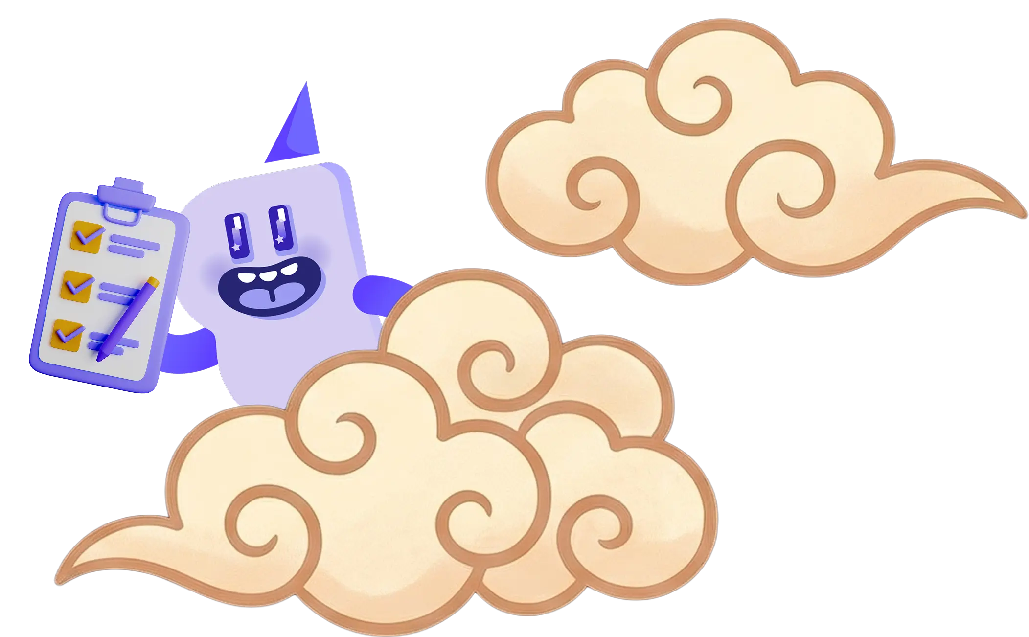 Cartoon purple character holding a clipboard with a checklist beside fluffy beige clouds.