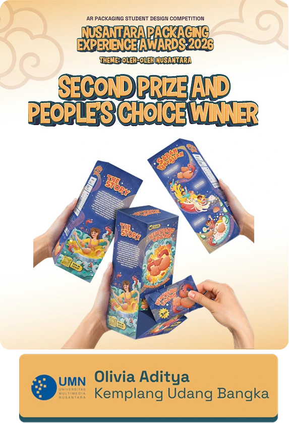 Poster for Nusantara Packaging Experience Awards 2026 announcing 'Second Prize and People's Choice Winner'; hands hold colorful product boxes, with winner name Olivia Aditya Kemplang Udang Bangka at bottom.