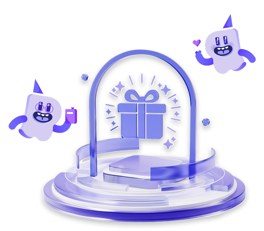 Purple gift under a glass dome with twinkling stars, flanked by two playful purple robots celebrating.
