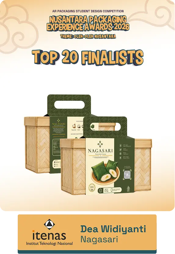Poster announcing 'Top 20 Finalists' for Nusantara Packaging Experience Awards 2026, featuring Nagasari packaging boxes and Itenas branding.