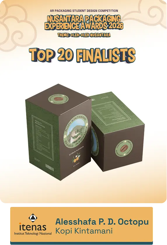 Award poster for Nusantara Packaging Experience Awards 2026 with two green Kopi Kintamani coffee boxes foreground; 'Top 20 Finalists' headline above.