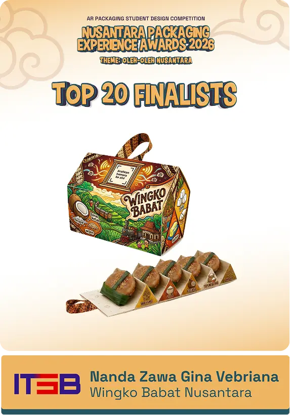 Poster for Nusantara Packaging Experience Awards 2026 announcing Top 20 Finalists, featuring Wingko Babat packaging and product samples on display.
