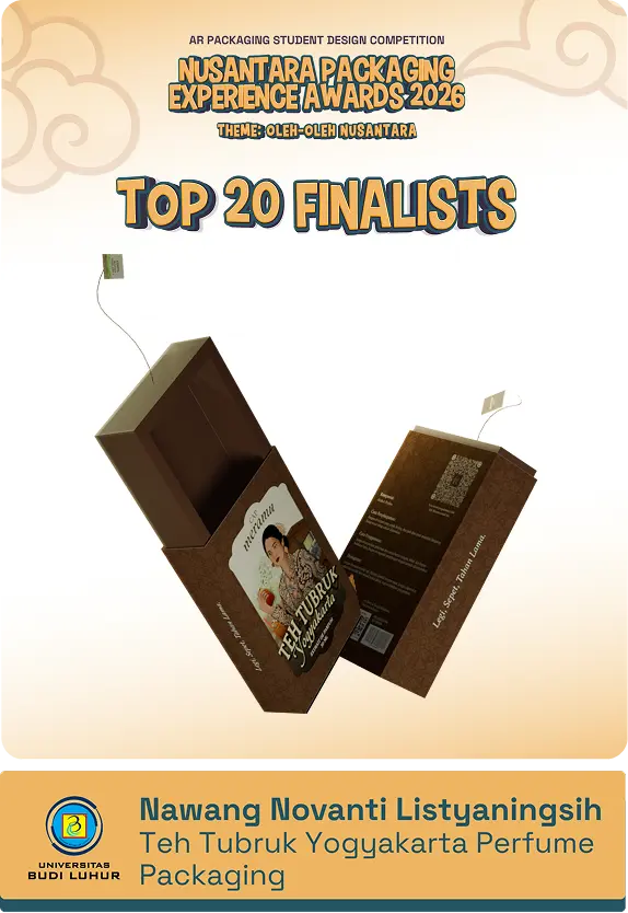 Poster announcing 'Top 20 Finalists' for Nusantara Packaging Experience Awards 2026, with two brown perfume packaging boxes floating above a warm gradient background.