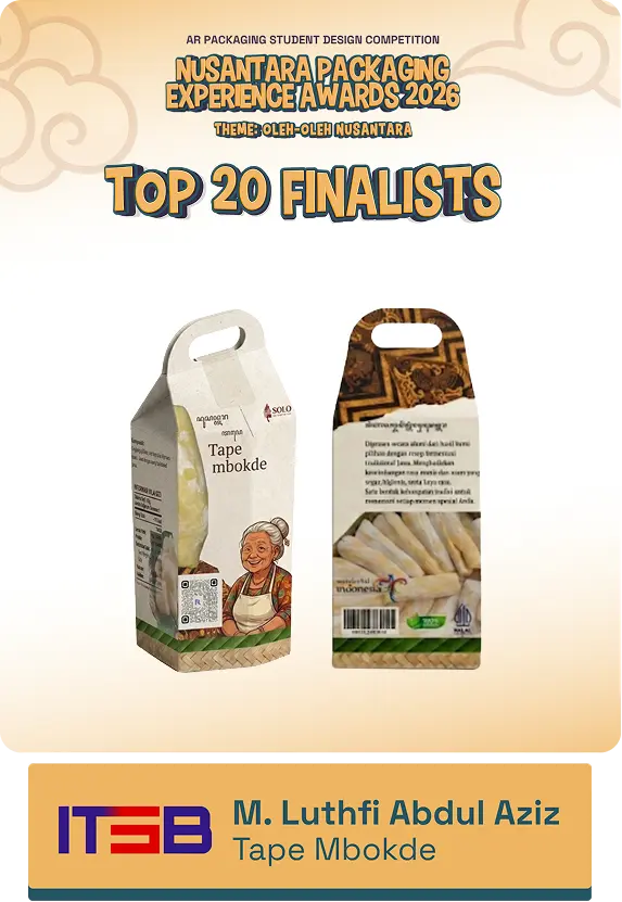Poster for Nusantara Packaging Experience Awards 2026 Top 20 Finalists featuring two boxed snack-style packages with an illustrated elderly woman, and a bottom banner with ITSB and designer M. Luthfi Abdul Aziz Tape Mbokde
