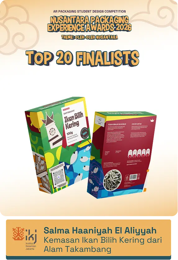 Poster announcing Nusantara Packaging Experience Awards 2026 Top 20 Finalists, showing two colorful Ikan Bilih Kering product boxes and a bottom banner with Indonesian text.