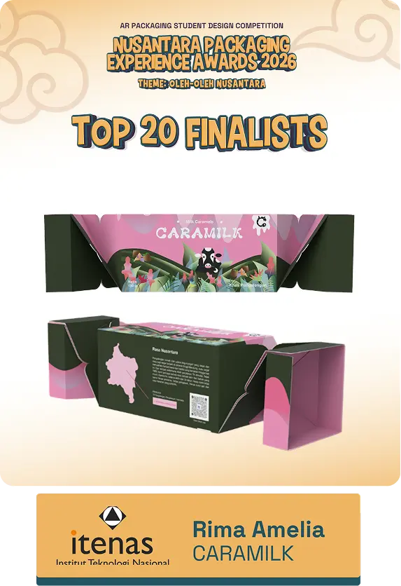 Poster for Nusantara Packaging Experience Awards 2026 announcing Top 20 Finalists, featuring a pink/green CARAMILK packaging mockup and sponsor logos at the bottom.