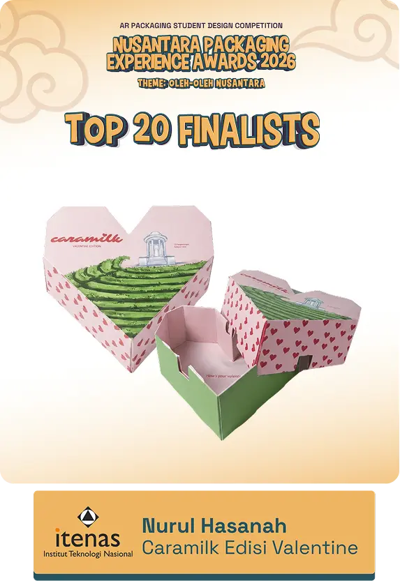 Poster announcing 'Top 20 Finalists' for Nusantara Packaging Experience Awards 2026, featuring pink heart-shaped gift boxes with green interior on a light gradient background.